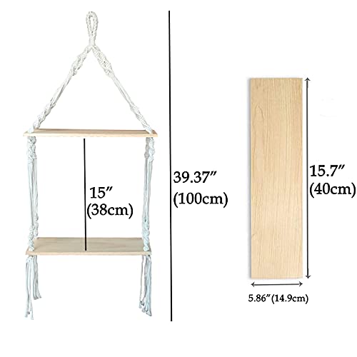 levylisa Macrame Wall Hanging Shelf 2 Tier Boho Shelves Organizer Hanger Floating Shelve for Kitchen, Bathroom, Home Storage, Floating Indoor Plant Wall Shelf