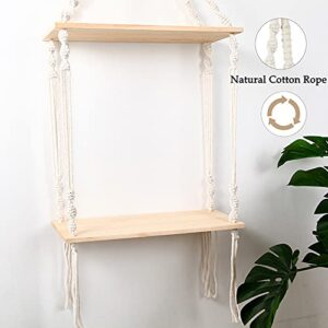 levylisa Macrame Wall Hanging Shelf 2 Tier Boho Shelves Organizer Hanger Floating Shelve for Kitchen, Bathroom, Home Storage, Floating Indoor Plant Wall Shelf