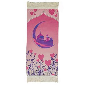 Modefa Turkish Islamic Prayer Rug - Thin Praying Carpet for Boys and Girls - Small Child Size Muslim Prayer Mat for Young Kids - Ramadan or Eid Gift - Fun Digital Print (Masjid Love Pink)