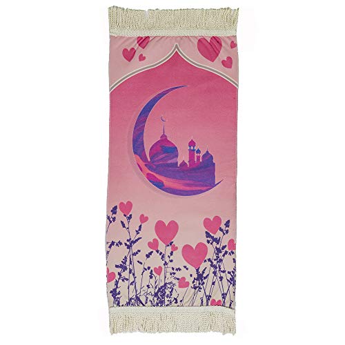 Modefa Turkish Islamic Prayer Rug - Thin Praying Carpet for Boys and Girls - Small Child Size Muslim Prayer Mat for Young Kids - Ramadan or Eid Gift - Fun Digital Print (Masjid Love Pink)