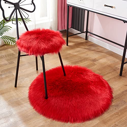 vctops Round Faux Fur Sheepskin Area Rug Super Soft Fluffy Chair Cover Seat Cushion Pad Non-Slip Area Rugs for Living Bedroom Floor Sofa (Red,1.5 Feet Diameter)