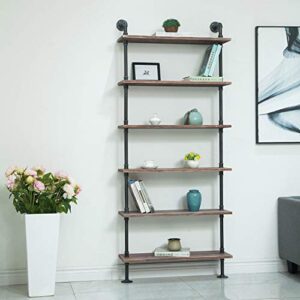 FODUE Industrial Pipe Shelving Bookshelf Rustic Modern Wood Ladder Storage Shelf 6 Tiers Retro Wall Mount Pipe Design DIY Shelving(24in)