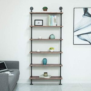 FODUE Industrial Pipe Shelving Bookshelf Rustic Modern Wood Ladder Storage Shelf 6 Tiers Retro Wall Mount Pipe Design DIY Shelving(24in)