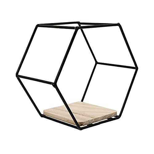 YARDWE Home Décor Wall Mounted Shelves Metal Iron Wire Hexagon Design with Wooden Base Display Racks Floating Shelves for Home Office Decoration Black Ornament Holders