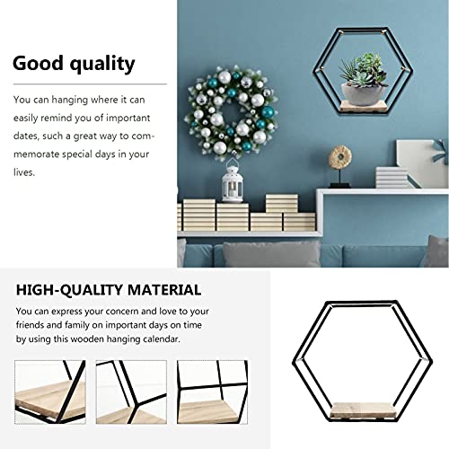 YARDWE Home Décor Wall Mounted Shelves Metal Iron Wire Hexagon Design with Wooden Base Display Racks Floating Shelves for Home Office Decoration Black Ornament Holders