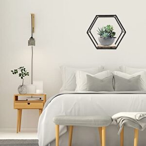 YARDWE Home Décor Wall Mounted Shelves Metal Iron Wire Hexagon Design with Wooden Base Display Racks Floating Shelves for Home Office Decoration Black Ornament Holders