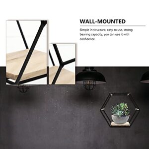 YARDWE Home Décor Wall Mounted Shelves Metal Iron Wire Hexagon Design with Wooden Base Display Racks Floating Shelves for Home Office Decoration Black Ornament Holders