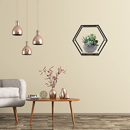 YARDWE Home Décor Wall Mounted Shelves Metal Iron Wire Hexagon Design with Wooden Base Display Racks Floating Shelves for Home Office Decoration Black Ornament Holders