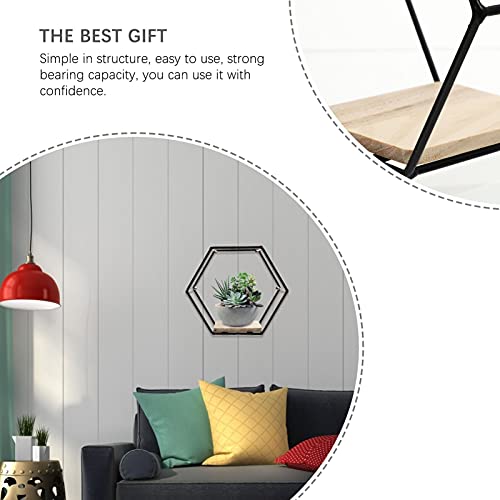 YARDWE Home Décor Wall Mounted Shelves Metal Iron Wire Hexagon Design with Wooden Base Display Racks Floating Shelves for Home Office Decoration Black Ornament Holders