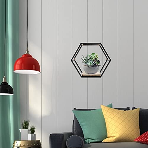 YARDWE Home Décor Wall Mounted Shelves Metal Iron Wire Hexagon Design with Wooden Base Display Racks Floating Shelves for Home Office Decoration Black Ornament Holders