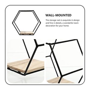 YARDWE Home Décor Wall Mounted Shelves Metal Iron Wire Hexagon Design with Wooden Base Display Racks Floating Shelves for Home Office Decoration Black Ornament Holders