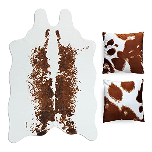 Soft Faux Cowhide Rug Large (4.6ft x 6.6ft) - with 2 Cushion Covers Set - Non-Slip - Cow Print Decor, Cruelty - Free Animal Hide Carpet - Farmhouse, Western Floor Rugs for Living Room, Bedroom, Office