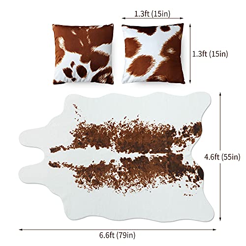 Soft Faux Cowhide Rug Large (4.6ft x 6.6ft) - with 2 Cushion Covers Set - Non-Slip - Cow Print Decor, Cruelty - Free Animal Hide Carpet - Farmhouse, Western Floor Rugs for Living Room, Bedroom, Office