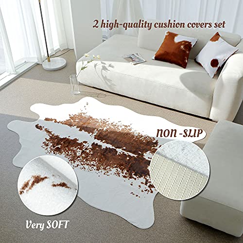 Soft Faux Cowhide Rug Large (4.6ft x 6.6ft) - with 2 Cushion Covers Set - Non-Slip - Cow Print Decor, Cruelty - Free Animal Hide Carpet - Farmhouse, Western Floor Rugs for Living Room, Bedroom, Office