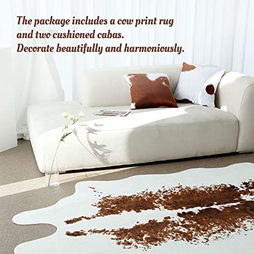 Soft Faux Cowhide Rug Large (4.6ft x 6.6ft) - with 2 Cushion Covers Set - Non-Slip - Cow Print Decor, Cruelty - Free Animal Hide Carpet - Farmhouse, Western Floor Rugs for Living Room, Bedroom, Office