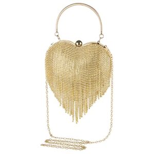 women heart shape crystal tassel evening clutch purse, single-sided rhinestones lady party wedding crossbody shoulder ring handle handbag (gold)