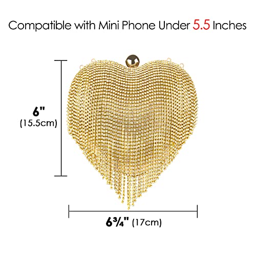 Women Heart Shape Crystal Tassel Evening Clutch Purse, Single-Sided Rhinestones Lady Party Wedding Crossbody Shoulder Ring Handle Handbag (Gold)