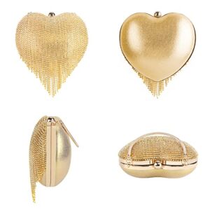 Women Heart Shape Crystal Tassel Evening Clutch Purse, Single-Sided Rhinestones Lady Party Wedding Crossbody Shoulder Ring Handle Handbag (Gold)