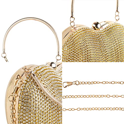 Women Heart Shape Crystal Tassel Evening Clutch Purse, Single-Sided Rhinestones Lady Party Wedding Crossbody Shoulder Ring Handle Handbag (Gold)