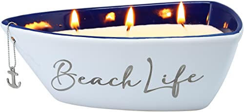 Beach Life- Triple Wick 10 oz 100% Soy Wax Candle Scent: Fresh Linen with Silver Detail Accents.