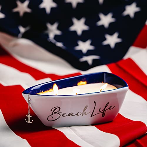 Beach Life- Triple Wick 10 oz 100% Soy Wax Candle Scent: Fresh Linen with Silver Detail Accents.