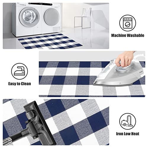 LEEVAN Cotton Buffalo Plaid Outdoor Rug 2x3 ft Checkered Front Porch Rug Washable Woven Welcome Braided Door Mat for Layered Kitchen Farmhouse Bathroom Entryway Throw Carpet, Navy Blue and White