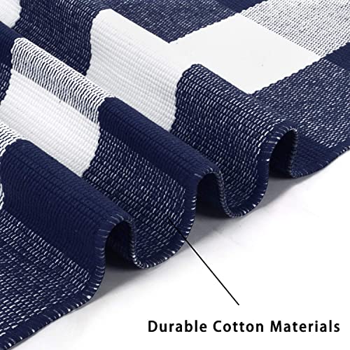 LEEVAN Cotton Buffalo Plaid Outdoor Rug 2x3 ft Checkered Front Porch Rug Washable Woven Welcome Braided Door Mat for Layered Kitchen Farmhouse Bathroom Entryway Throw Carpet, Navy Blue and White