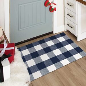 LEEVAN Cotton Buffalo Plaid Outdoor Rug 2x3 ft Checkered Front Porch Rug Washable Woven Welcome Braided Door Mat for Layered Kitchen Farmhouse Bathroom Entryway Throw Carpet, Navy Blue and White