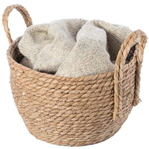 vintiquewise decorative round wicker woven rope storage blanket basket with braided handles – small