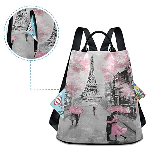 ALAZA Paris Eiffel Tower Couple Pink Floral Backpack Purse with Adjustable Straps for Woman Ladies