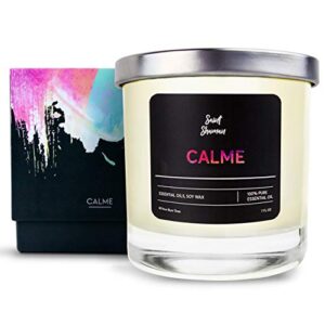 saint shaman calme scented candle – soy wax aromated with essential oils of ylang-ylang, jasmine, lavender & sandalwood, best aromatherapy candles for home, 7 oz, 60 hours burning time
