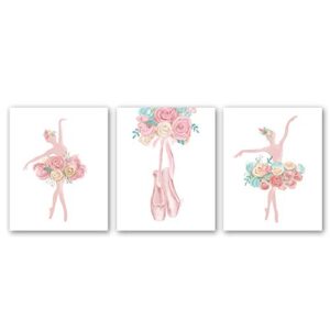 xun watercolor pink ballet art print– flower ballerina with dancing shoes canvas wall art–(8”x10”x 3pieces, unframed)–perfect for girl bedroom dance studio decoration