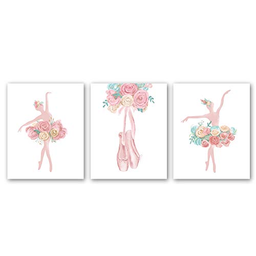 XUN Watercolor Pink Ballet Art Print-- Flower Ballerina with Dancing Shoes Canvas Wall Art--(8”X10”X 3pieces, Unframed)--Perfect for Girl Bedroom Dance Studio Decoration