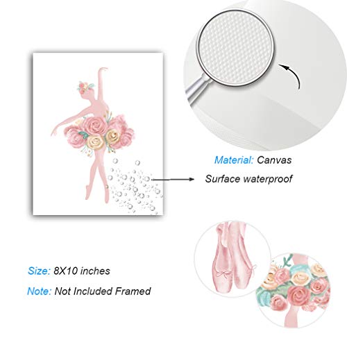 XUN Watercolor Pink Ballet Art Print-- Flower Ballerina with Dancing Shoes Canvas Wall Art--(8”X10”X 3pieces, Unframed)--Perfect for Girl Bedroom Dance Studio Decoration