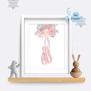 XUN Watercolor Pink Ballet Art Print-- Flower Ballerina with Dancing Shoes Canvas Wall Art--(8”X10”X 3pieces, Unframed)--Perfect for Girl Bedroom Dance Studio Decoration