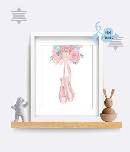 XUN Watercolor Pink Ballet Art Print-- Flower Ballerina with Dancing Shoes Canvas Wall Art--(8”X10”X 3pieces, Unframed)--Perfect for Girl Bedroom Dance Studio Decoration