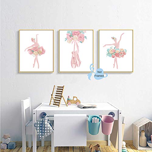 XUN Watercolor Pink Ballet Art Print-- Flower Ballerina with Dancing Shoes Canvas Wall Art--(8”X10”X 3pieces, Unframed)--Perfect for Girl Bedroom Dance Studio Decoration