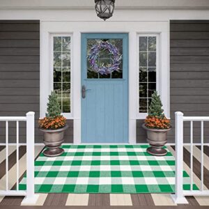 green checkered outdoor rug front door mat 24” x 51”, buffalo plaid entryway rug with 4 non-slip grippers, farmhouse vibe porch rug welcome layered doormat, laundry room/entrance/kitchen rug