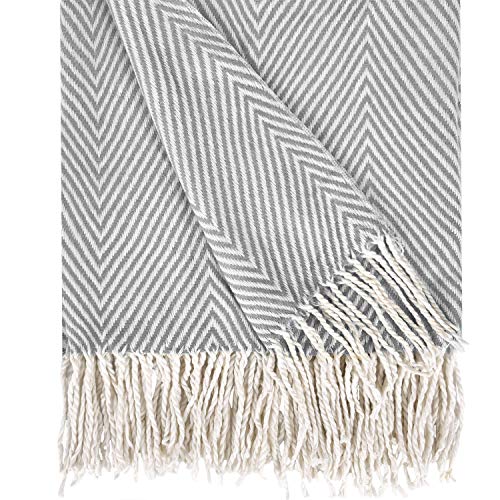 Herringbone Stripe Throw Blanket Decorative Soft Cashmere Blankets with Fringe 50 × 60 Inch Fuzzy Cozy Chevron Throws Lightweight for Bed, Sofa, Office, Car, Indoor, Outdoor, Gray and White