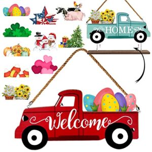 winder welcome sign & home sign for front door 2-side rustic red truck decor with 10-pc interchangeable holiday icons for spring easter 4th of july fall harvest halloween christmas seasonal wall hanging & table decorations(2-side red truck)