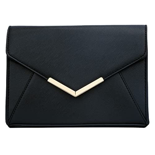 KKXIU Women Elegant Faux Leather Evening Envelope Clutch Purse Foldover Bags for Party Wedding Prom (A-Black)