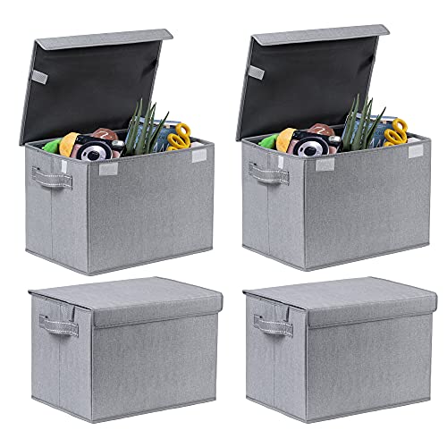 VENO 4 Pack Large Collapsible Storage Bin with Lid, Decorative Box, Cube, Organizer, Container for Home Office Shelf Closet Toys Clothes Sundries, Reusable and Sustainable (Gray - Set of 4)