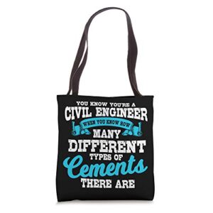 civil engineer funny different kinds of cement engineering tote bag
