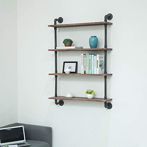 Industrial Pipe Shelving Bookshelf Rustic Modern Wood Ladder Storage Shelf Retro Wall Mount Pipe Design DIY Shelving (24in, 4 Layers)