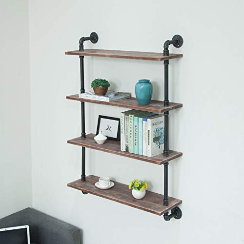 Industrial Pipe Shelving Bookshelf Rustic Modern Wood Ladder Storage Shelf Retro Wall Mount Pipe Design DIY Shelving (24in, 4 Layers)