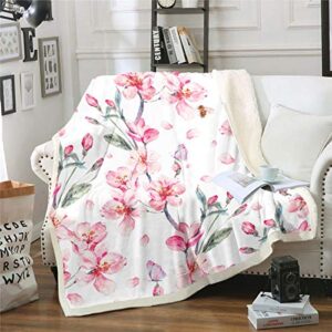 spring flower blanket throw, blooming floral butterfly bee fantasy wild animal cherry peach blossom petal garden sherpa blanket, decorative sofa fleece blanket breathable durable, throw 50″x60″, pink