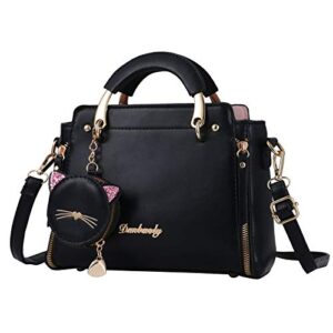 qiayime women fashion handbag purses luxury designer crossbody pu leather satchel shoulder messenger bags tote cat purse (black)