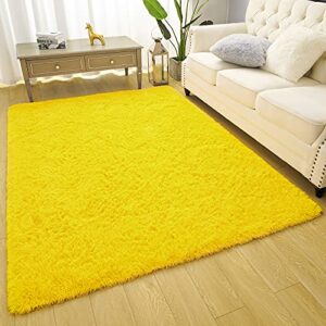 amearea premium soft fluffy rug modern shag carpet, 4×5.3 feet, fuzzy shaggy rugs for bedroom living room teen apartment decor, comfortable indoor furry dorm carpets, yellow