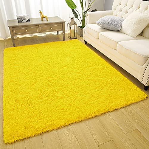 Amearea Premium Soft Fluffy Rug Modern Shag Carpet, 4x5.3 Feet, Fuzzy Shaggy Rugs for Bedroom Living Room Teen Apartment Decor, Comfortable Indoor Furry Dorm Carpets, Yellow