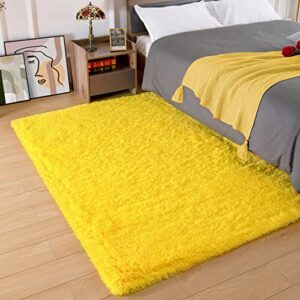 Amearea Premium Soft Fluffy Rug Modern Shag Carpet, 4x5.3 Feet, Fuzzy Shaggy Rugs for Bedroom Living Room Teen Apartment Decor, Comfortable Indoor Furry Dorm Carpets, Yellow